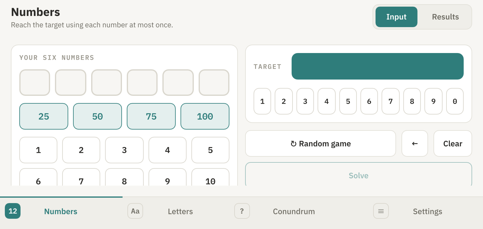 Numbers page on an Android phone, landscape orientation