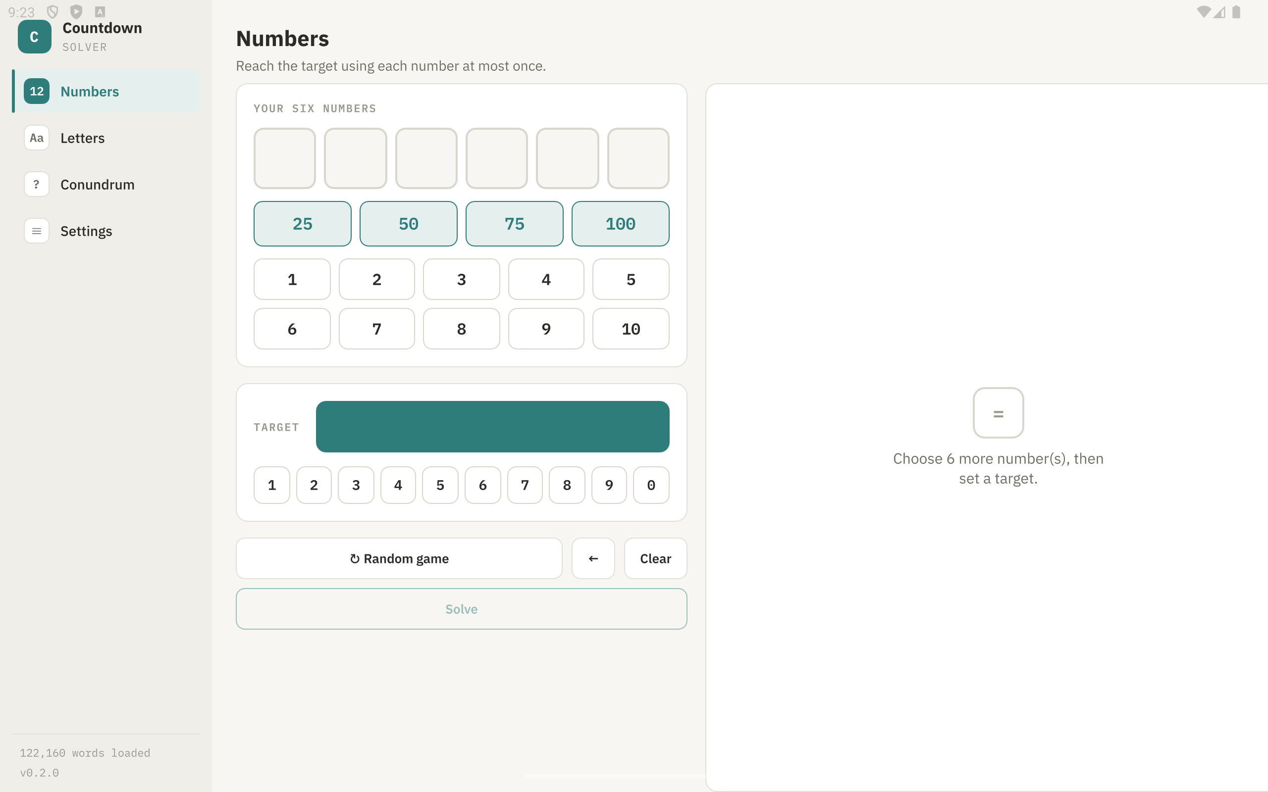Numbers page on an Android tablet, landscape orientation