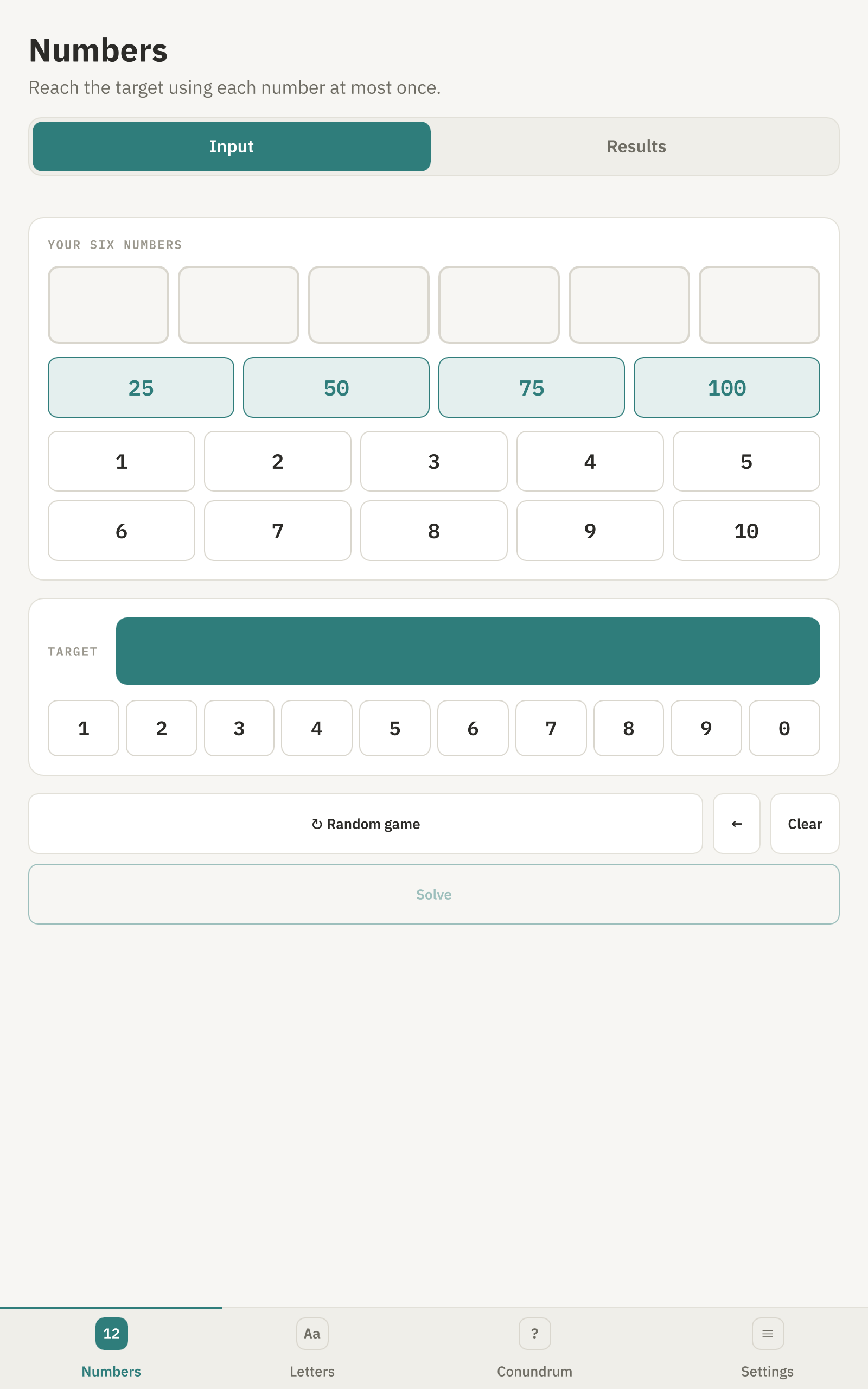Numbers page on an Android tablet, portrait orientation