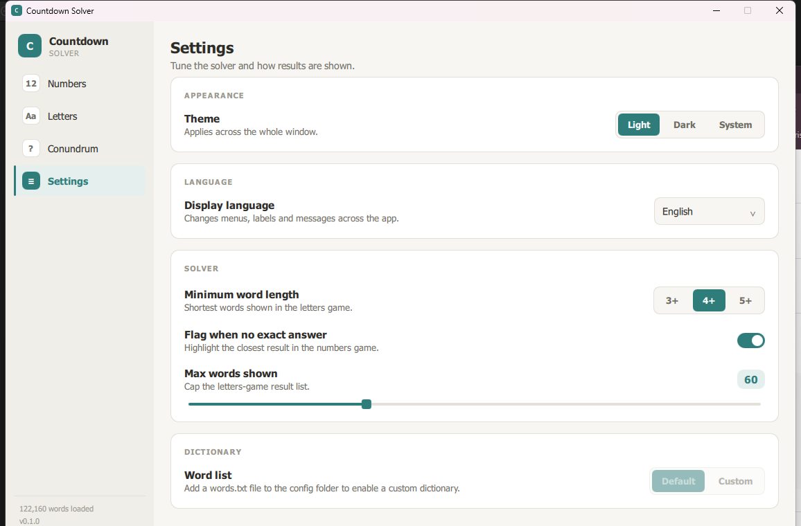 Settings page